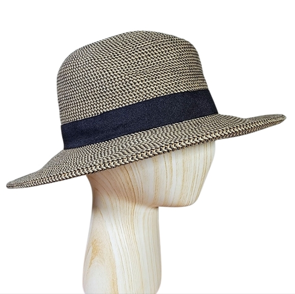 Jeanne Simmons Black and Tan Woven Sun Hat Women's One Size Summer Vacation - Picture 1 of 14